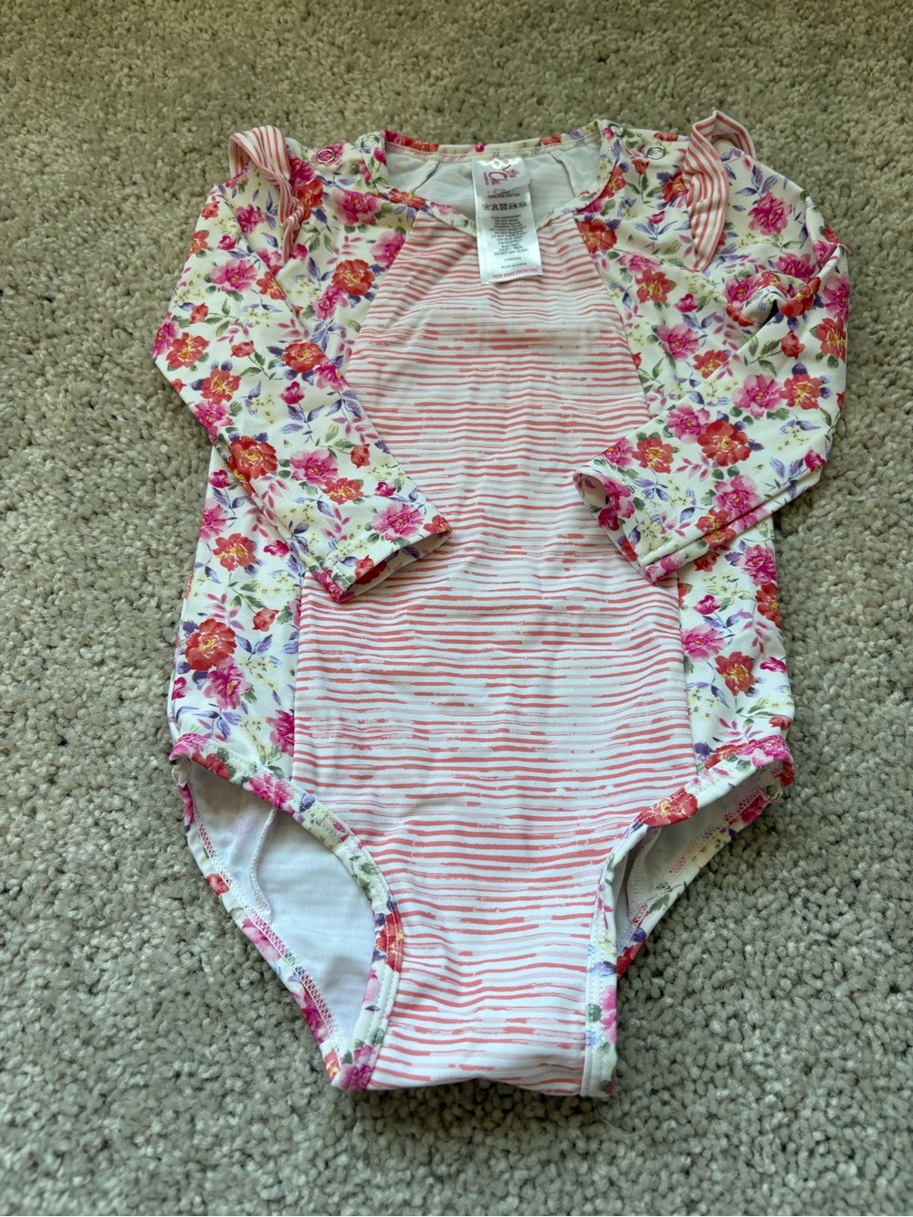 Girls' Floral & Pink Stripe Long-Sleeve One-Piece Swimsuit